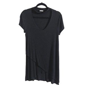 Goldspark Faux Wrap Choker V-neck Solid Black Short Sleeve Tunic S